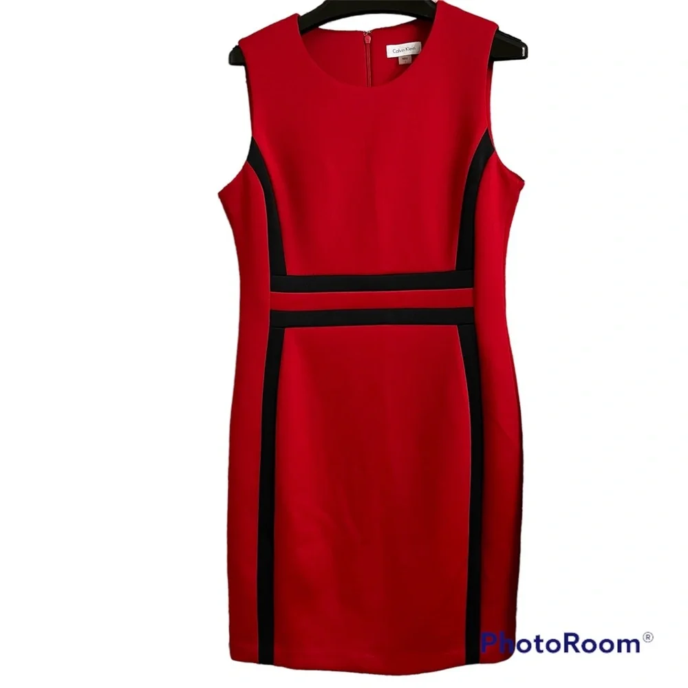 Calvin Klein Red Sleeveless Sheath Dress with Black Trim - Picture 1 of 5